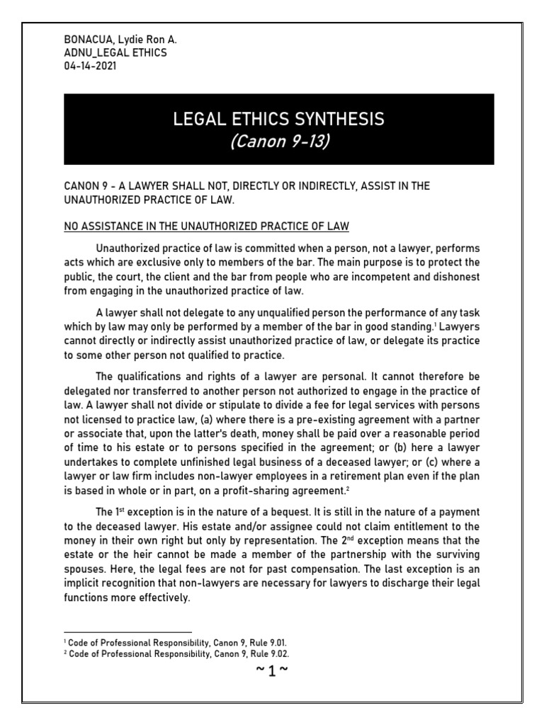 Legal Ethics Synthesis (Canon 913) PDF Practice Of Law Lawyer