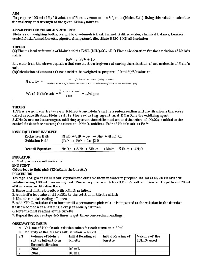 Titration of Mohr Salt PDF Titration Chemistry