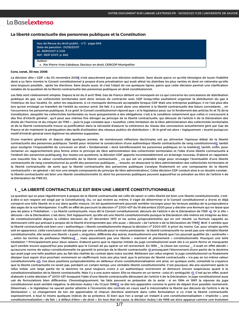 La Liberte Contractuelle Des Personnes Publiques Et La Constitution 16 ...