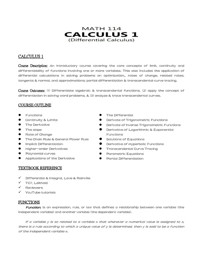 Calculus 1 Course Outline PDF Derivative Function (Mathematics)