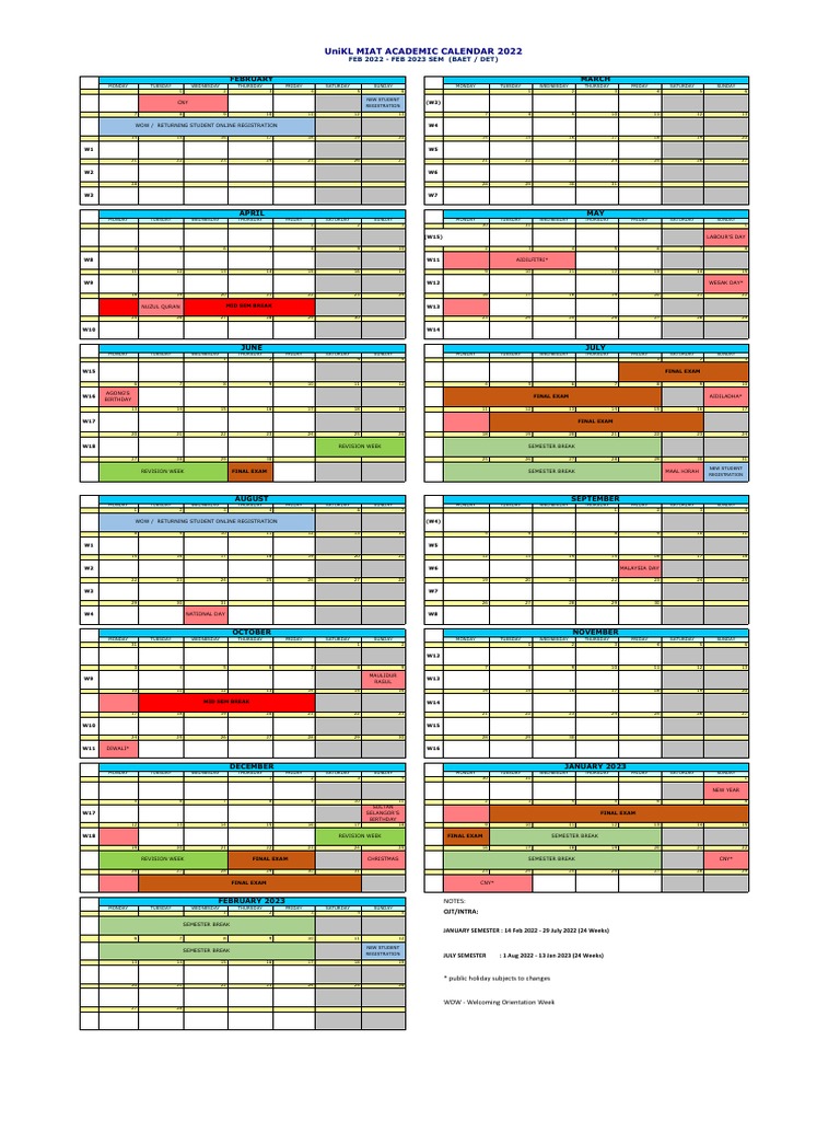 UniKL MIAT Academic Calendar 2022 PDF
