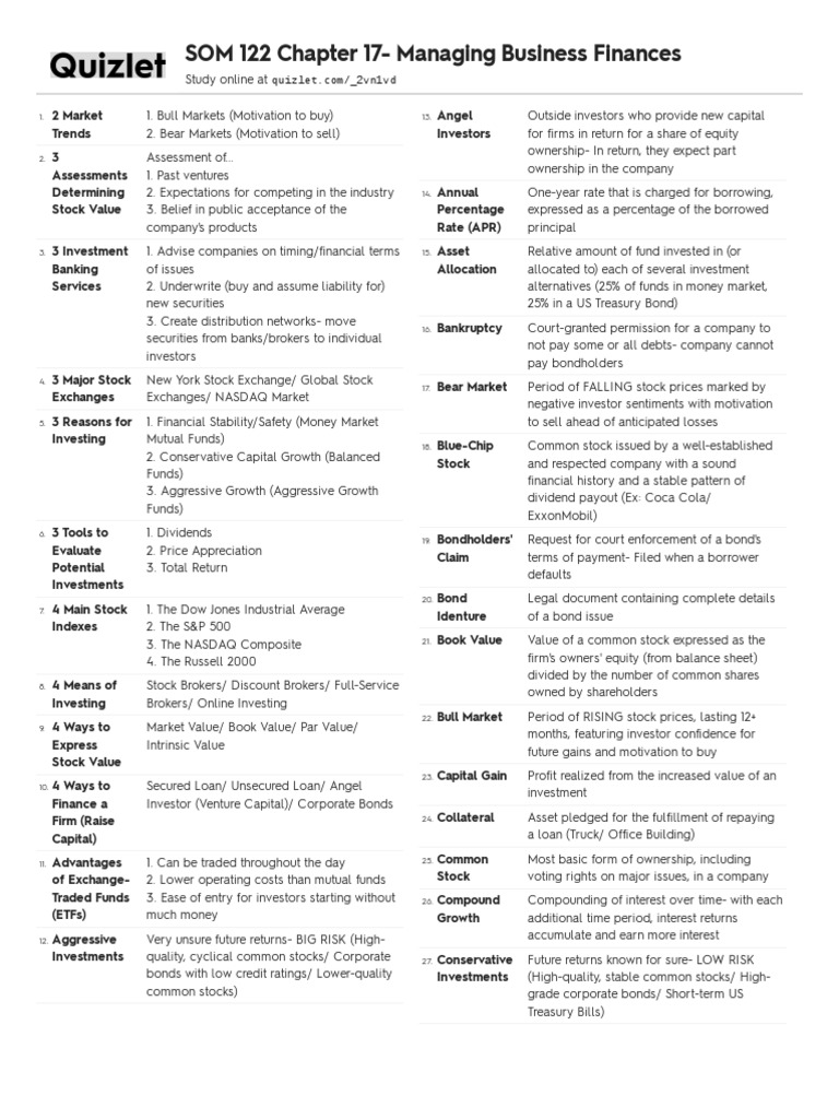 Quizlet SOM 122 Chapter 17 Managing Business Finances PDF