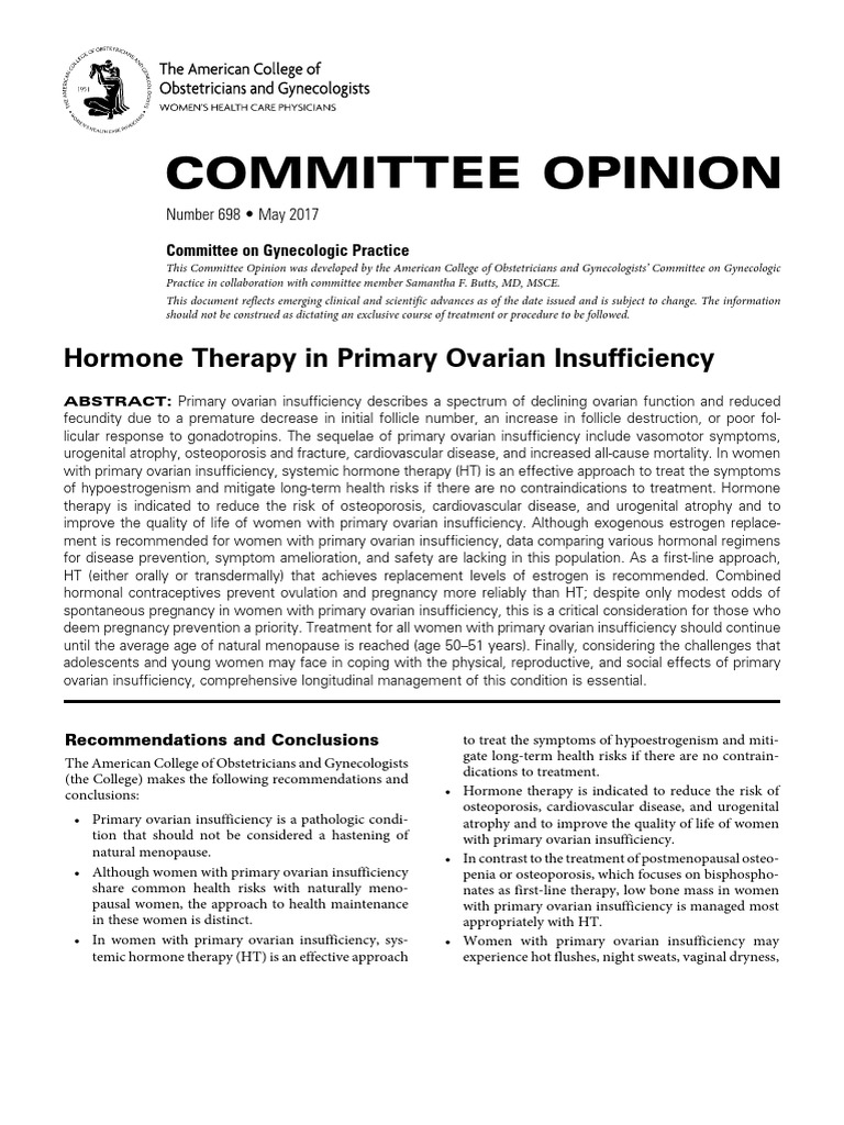 Hormone Therapy in Primary Ovarian Insufficiency PDF Hormone