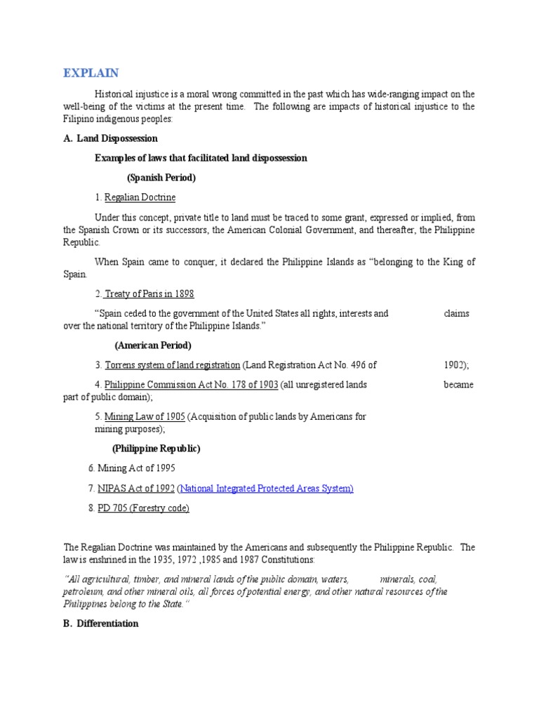 Explain A. Land Dispossession Examples of Laws That Facilitated Land Dispossession (Spanish