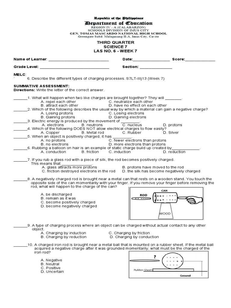 Science 7 Las 3RD QTR Week 7 | PDF | Electric Charge | Electron