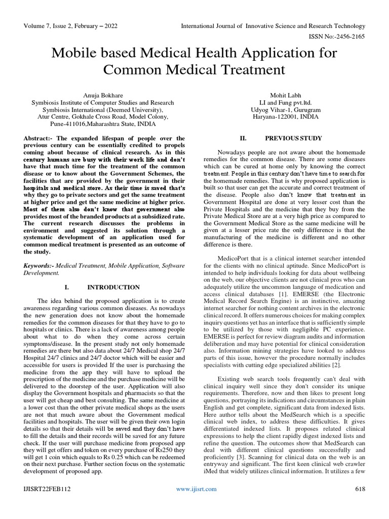 Mobile Based Medical Health Application For Common Medical Treatment | PDF