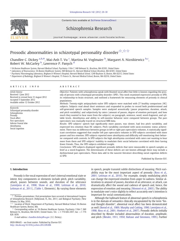 Prosodic Deficits in Schizotypal Disorder | PDF | Frontal Lobe ...
