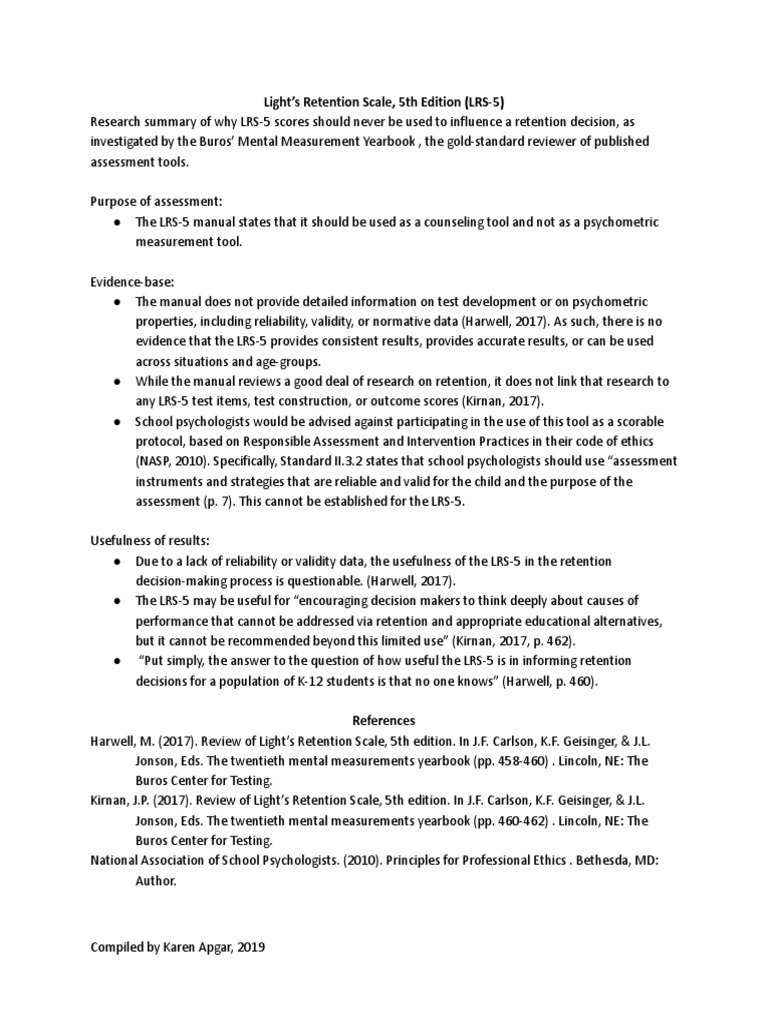 Light's Retention Scale: Limitations Explained | PDF | School ...