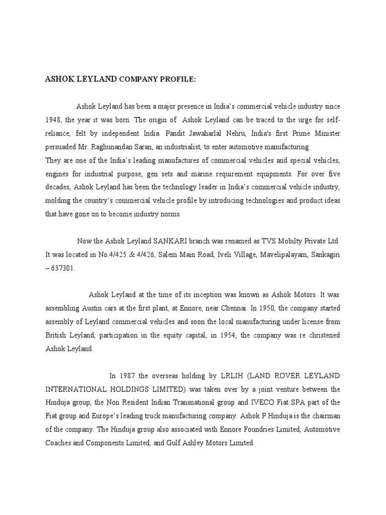 Ashok Leyland Company Profile PDF Transport Vehicles