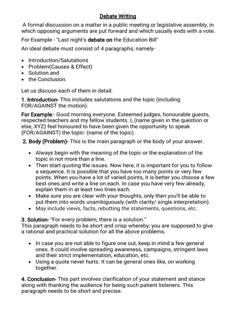 Debate Writing Class XI PDF