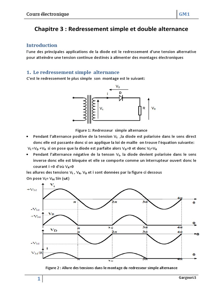 Cours Redressement Simple Et Double Alternance PDF Redresseur Diode