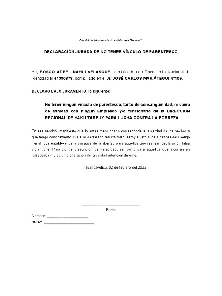 Declaración Jurada de Parentesco | PDF | Derecho