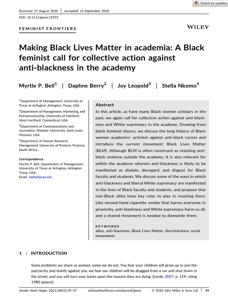 Gender Work Organization - 2020 - Bell - Making Black Lives Matter in ...