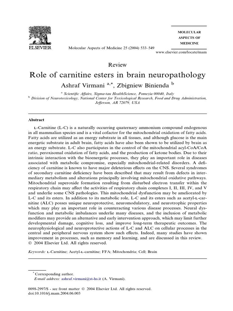 Role of Carnitine Esters in Brain Neuropathology Ashraf Virmani