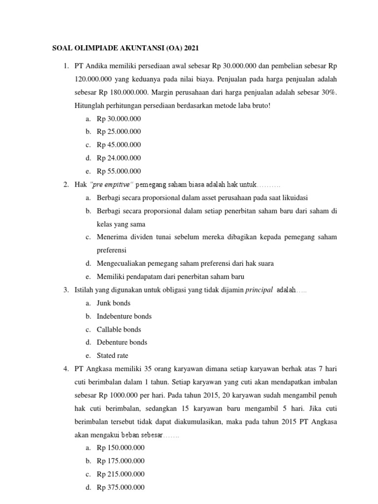 Soal Olimpiade Akuntansi Oa 2021 Babak Penyisihan Pdf
