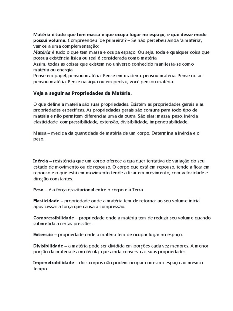 Matéria É Tudo Que Tem Massa e Que Ocupa Lugar No Espaço | PDF ...