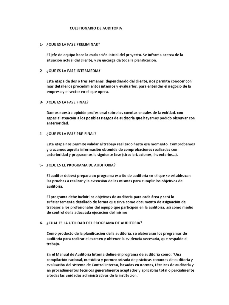 Cuestionario de Auditoria | PDF | Auditoría | Contralor