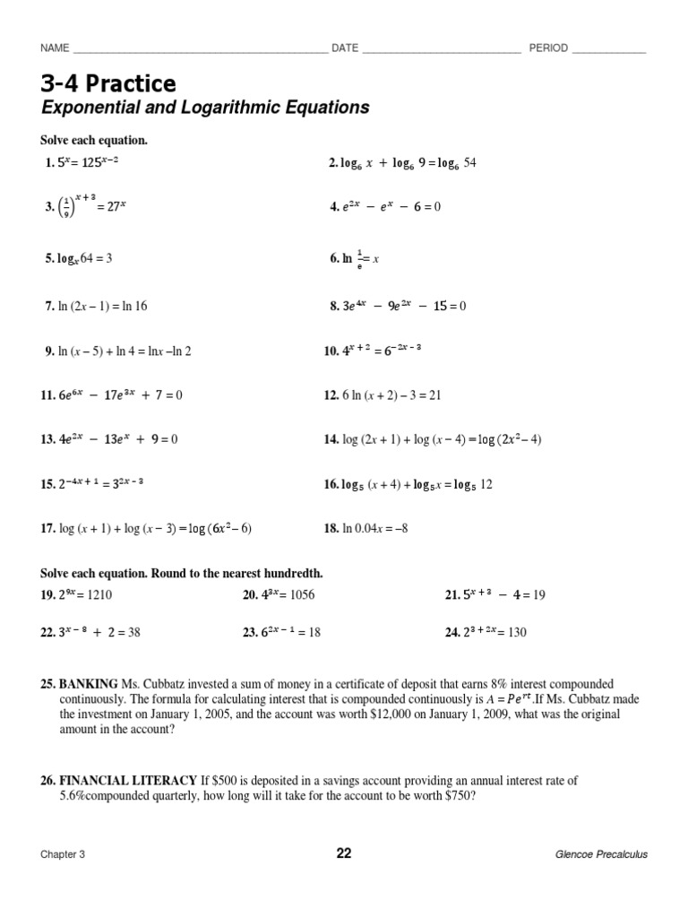 Solutions to Exponential and Logarithmic Equations Practice Problems PDF