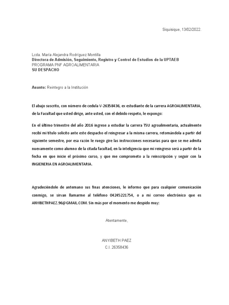 Carta De Reingreso A La Universidad Pdf