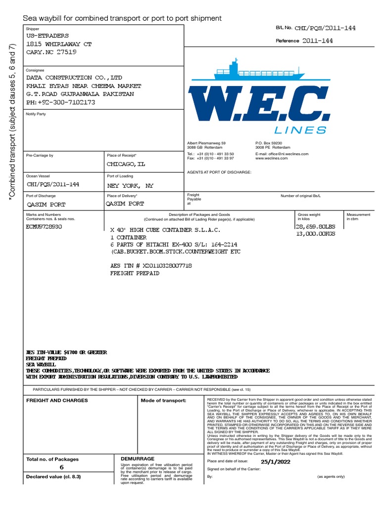 Sea Waybill For Combined Transport | PDF | Common Carrier | Bill Of Lading