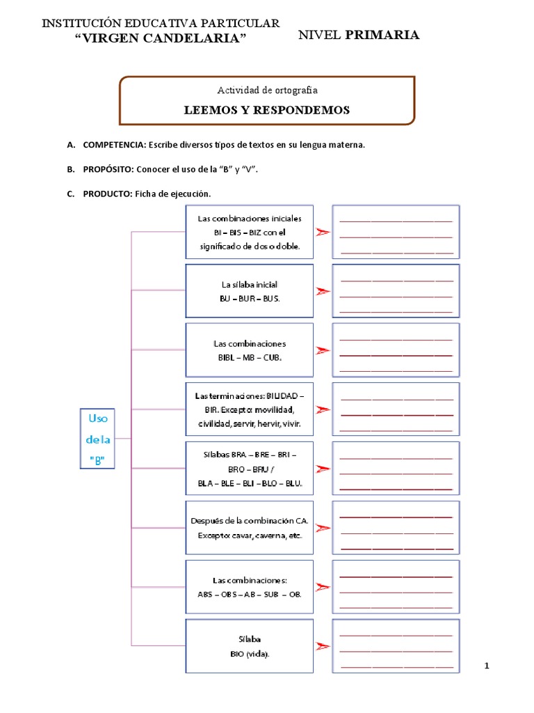 Uso de "B" y "V" en Ortografía Primaria | PDF | Artes del Lenguaje y ...