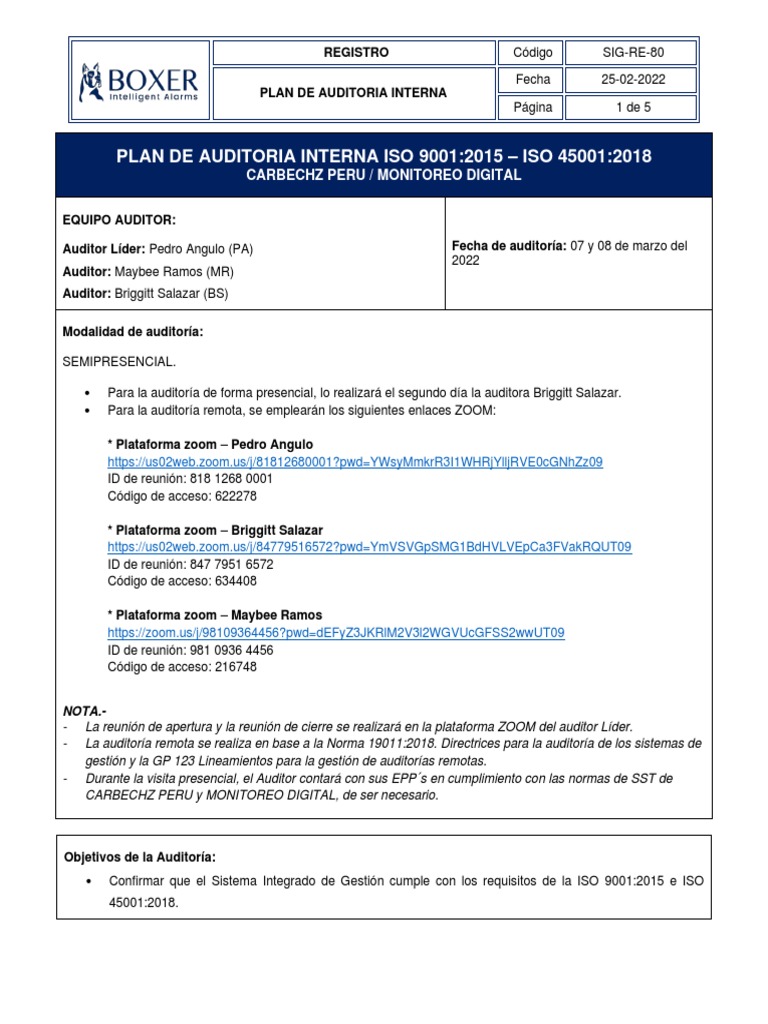 Plan de Auditoría Interna ISO 9001 y 45001 | PDF | Auditoría | Business