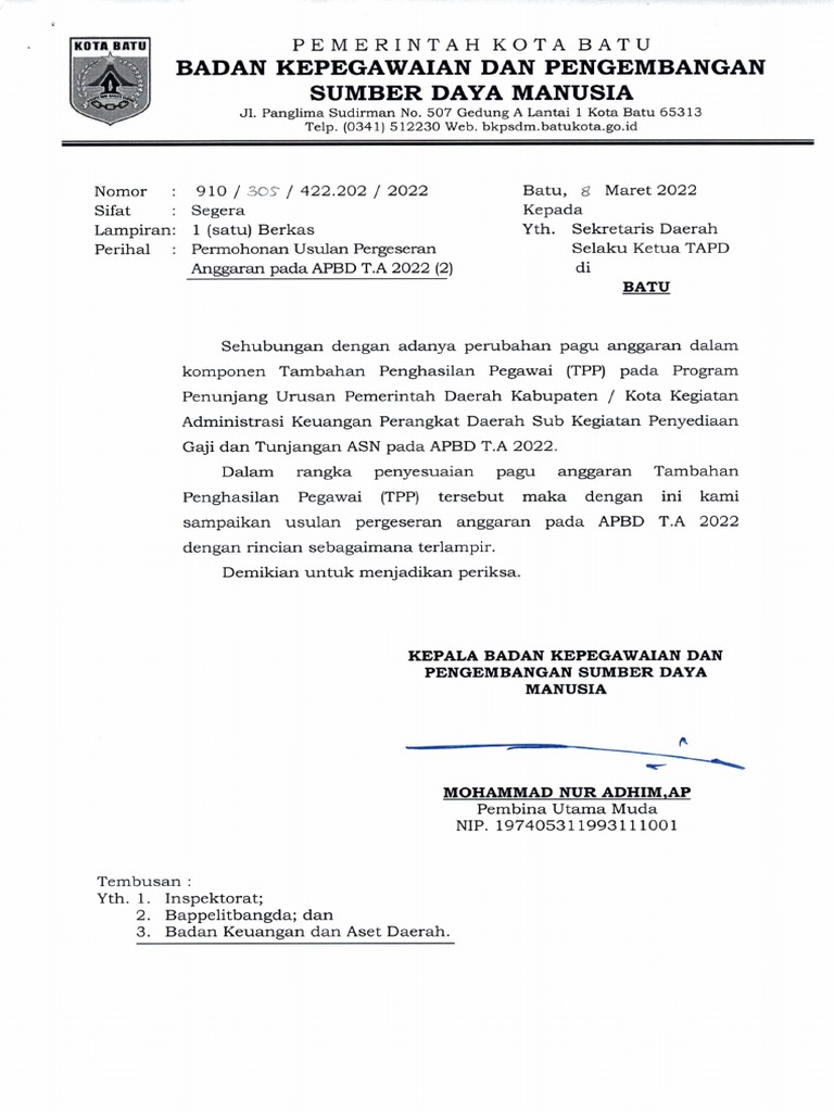 Surat Pergeseran Anggaran PTP 2 | PDF