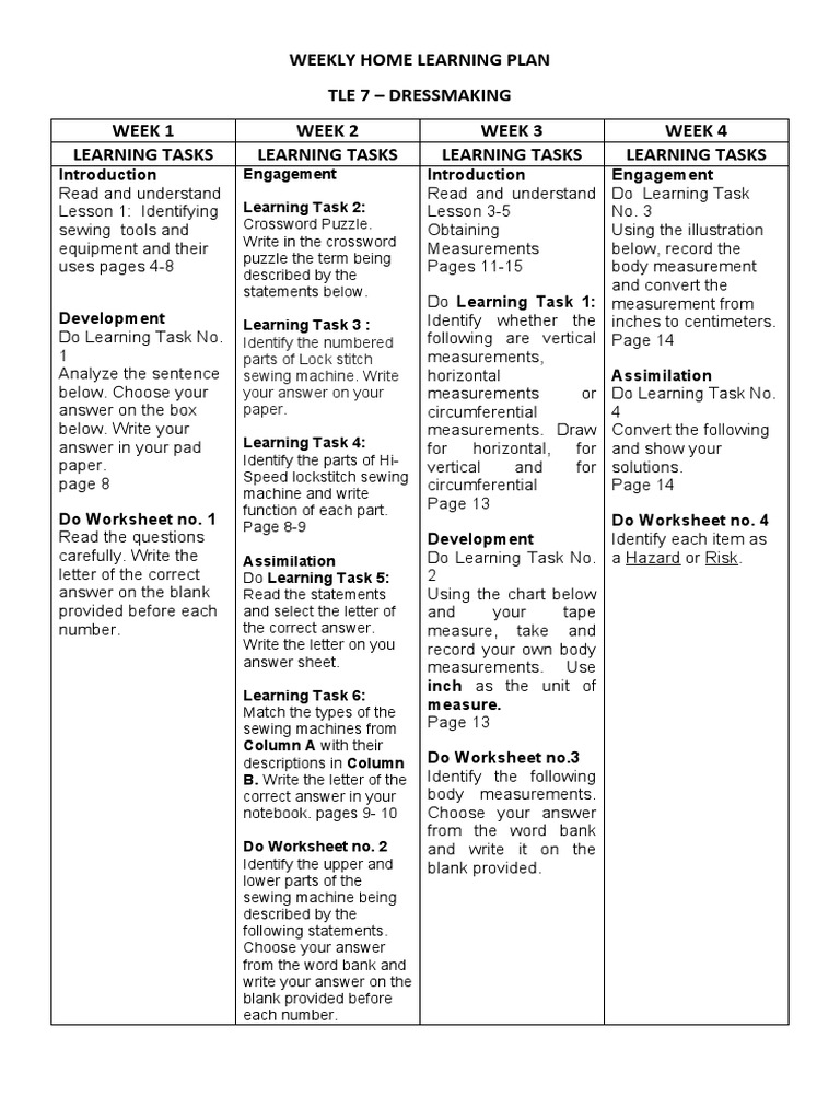 Weekly Dressmaking Learning Plan | PDF | Notebook | Cognition