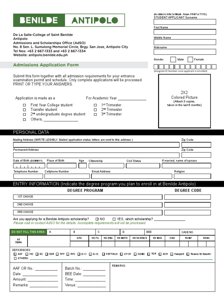 Benilde Antipolo Application Form Freshmen 2 PDF Birth Certificate