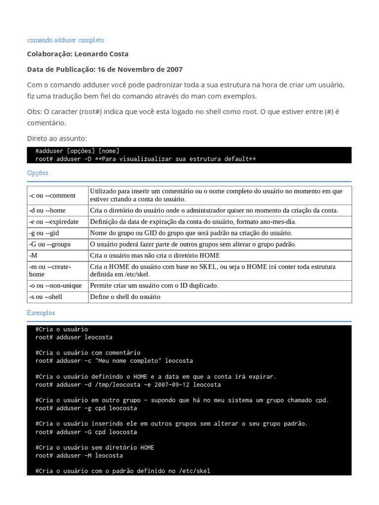 Comando Adduser Completo PDF Senha Shell (informática)