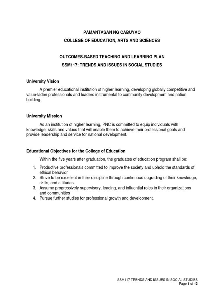 SSM117 Trends and Issues in Social Studies OBTLP and Module | PDF ...