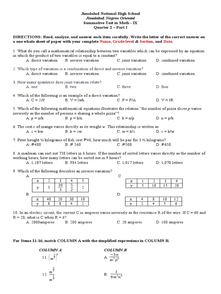 Grade 9 Math Quarter 2 Exam Guide | PDF | Variable (Mathematics ...