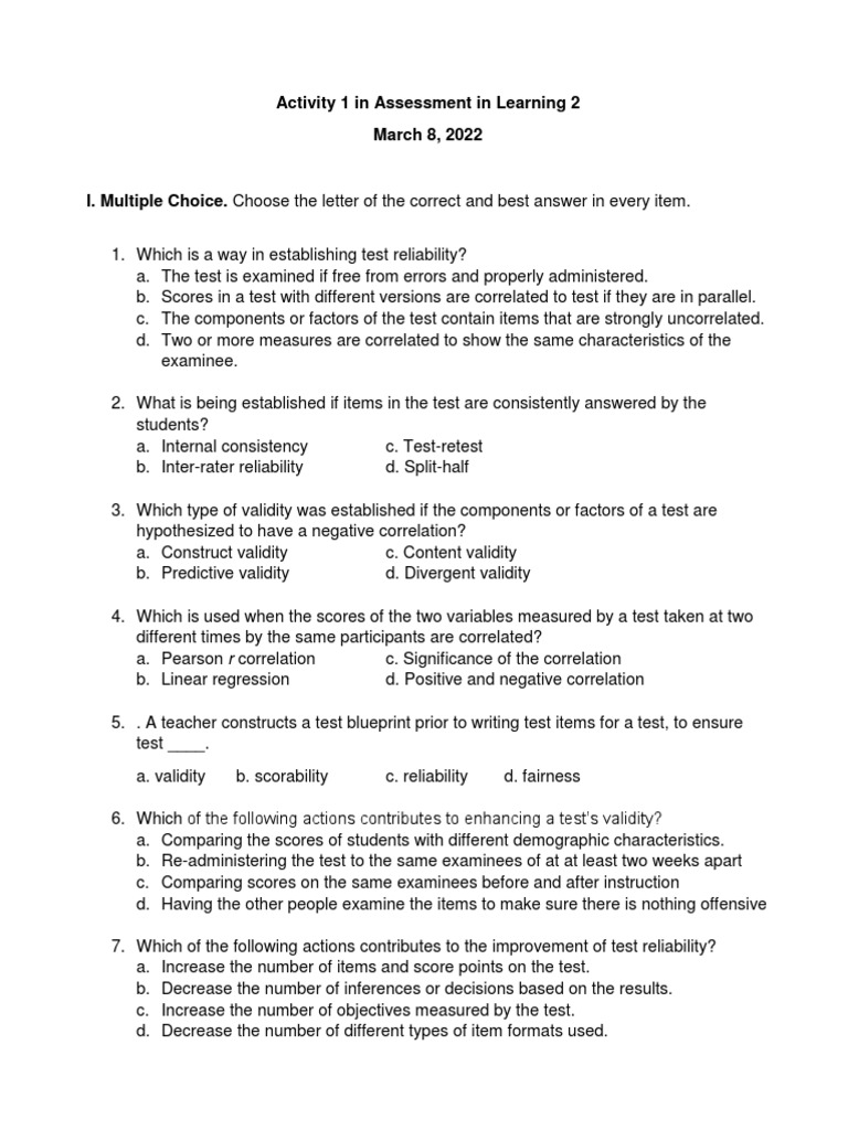 Activity 1 in Assessment in Learning 2 | PDF | Validity (Statistics ...
