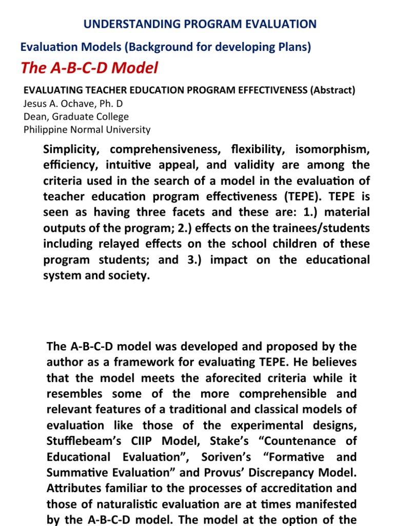 The A-B-C-D Model: Understanding Program Evaluation Evaluation Models ...