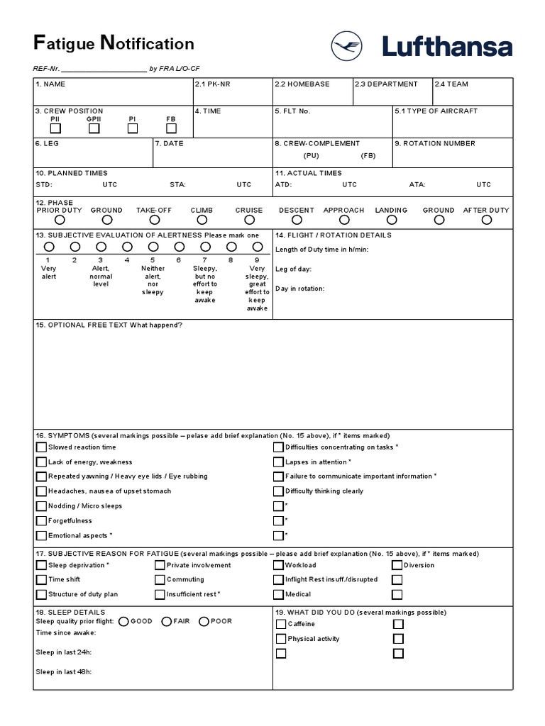 Fatigue Notification Form | PDF | Sleep | Sleep Deprivation