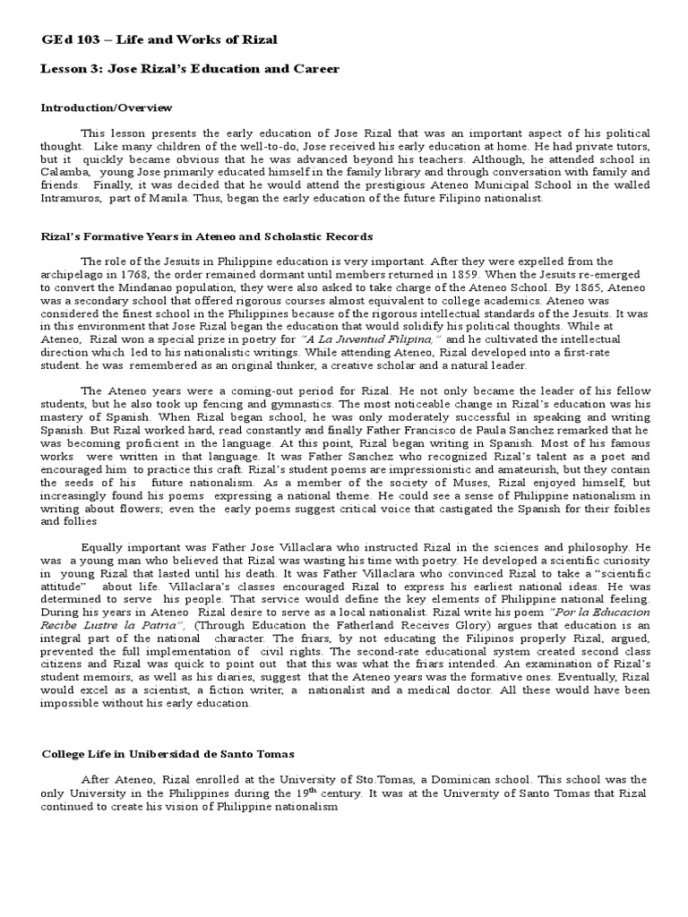 Lesson 3 - Jose Rizal's Education and Career | PDF | Philippines