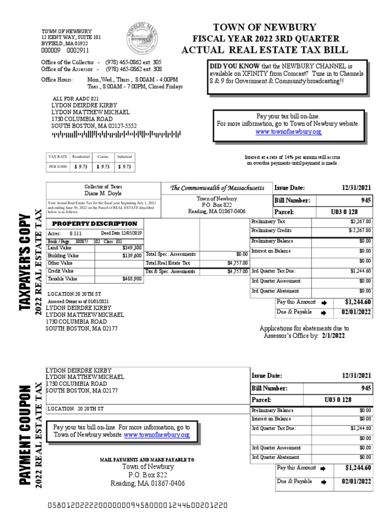Town of Newbury Actual Real Estate Tax Bill Fiscal Year 2022 3Rd
