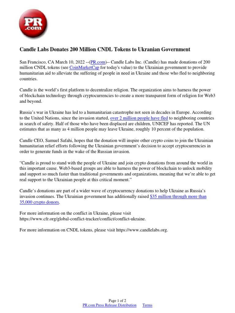 Candle Labs Donates 200 Million CNDL Tokens To Ukranian Government ...