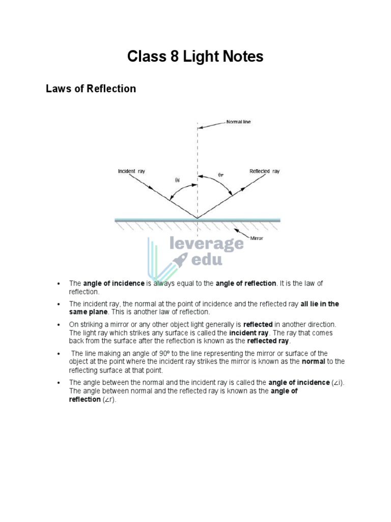 Class 8 Light Notes: Laws of Reflection | PDF | Reflection (Physics) | Eye