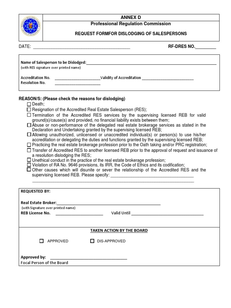 PRC Request Form for Dislodging Salespersons | PDF
