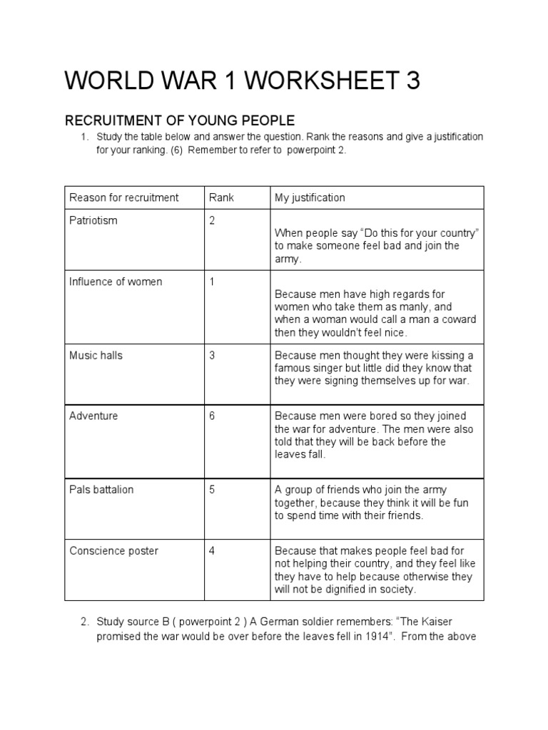 World War 1 Worksheet 3 | PDF