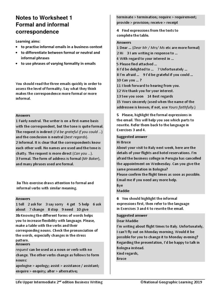 Notes To Worksheet 1 Formal and Informal Correspondence Learning Aims