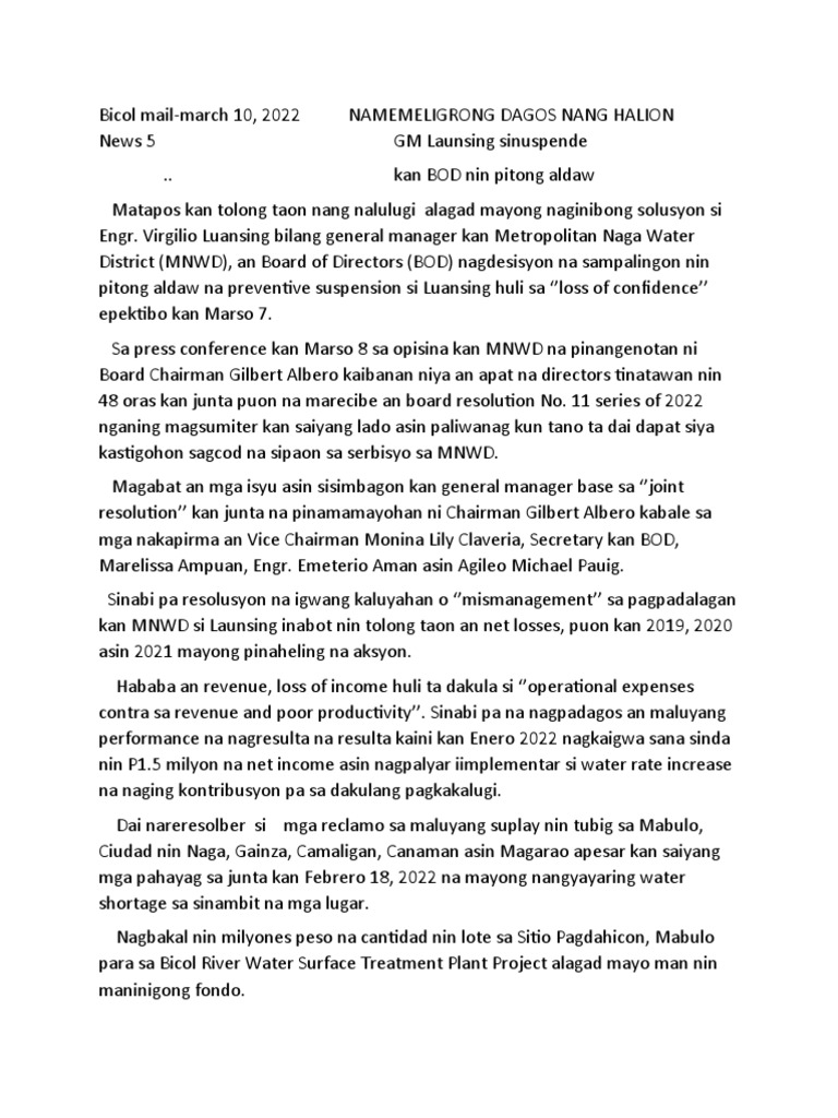 Bicol Mail - March 10, 2022 - GM Luansing. .. | PDF