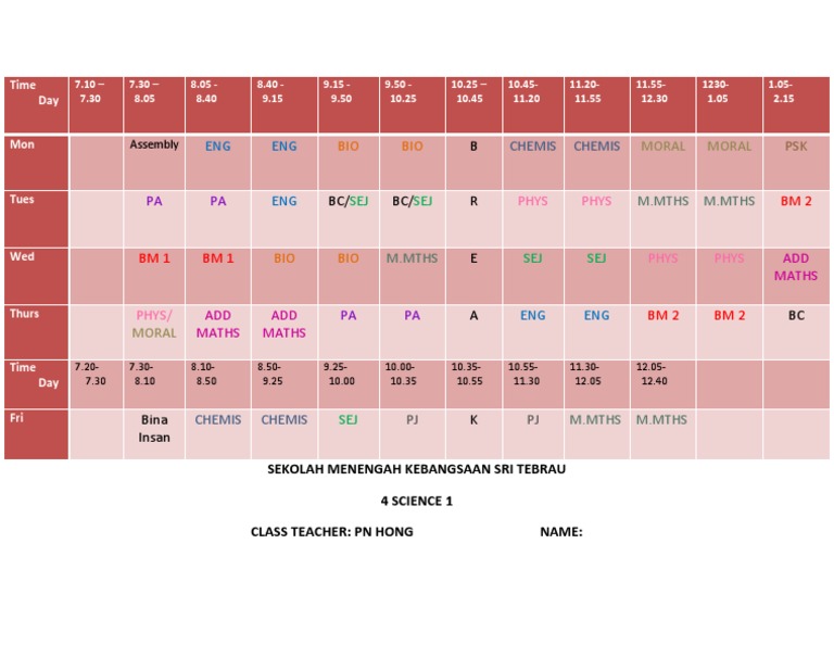 Weekly Class Schedule for 4 Science 1 | PDF