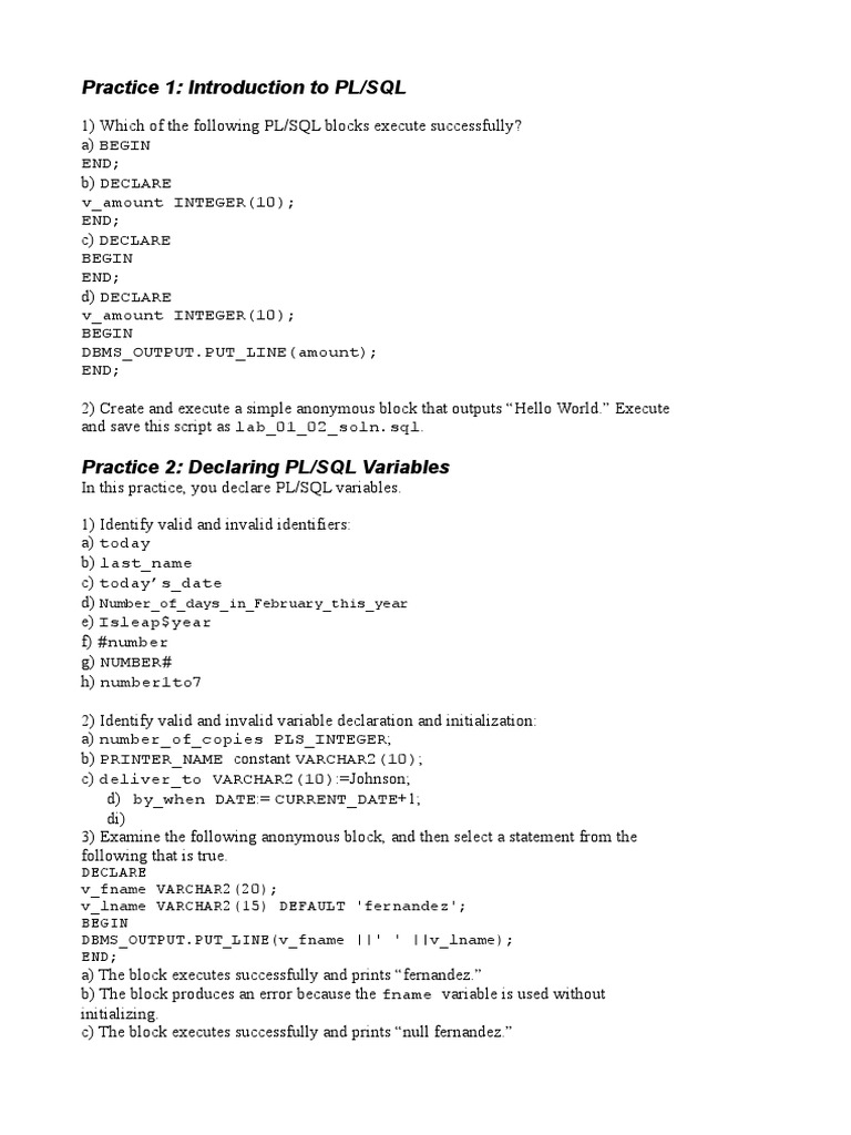 PL/SQL Practices and Exercises Guide | PDF | Pl/Sql | Parameter ...