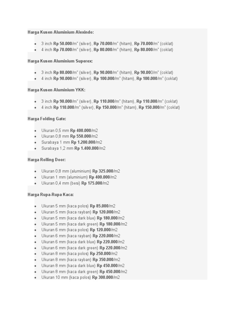 Harga Kusen Aluminium Dan Pintu Aluminium Part 2 | PDF