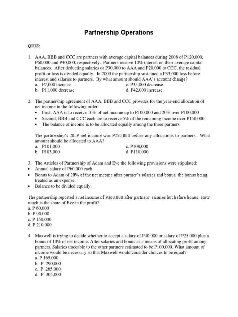 Partnership Operations Quiz and Solutions | PDF | Partnership | Income