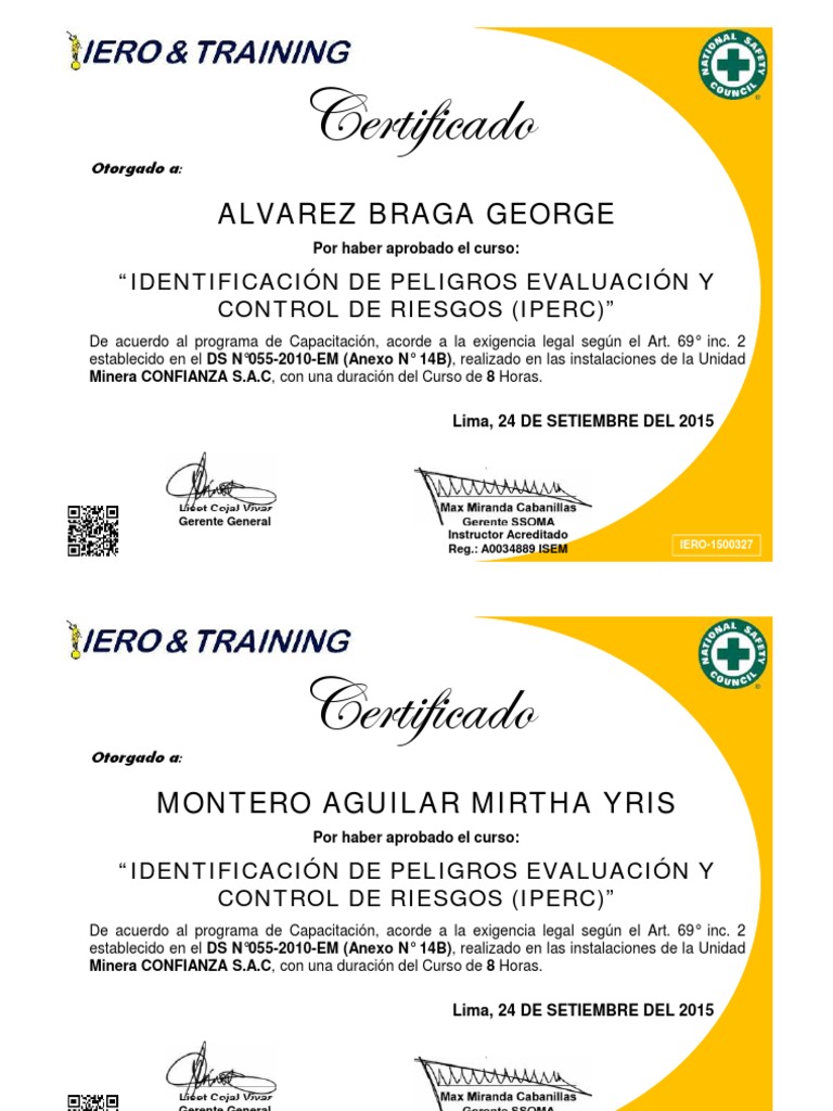 Certificado Curso IPERC 8 Horas | PDF