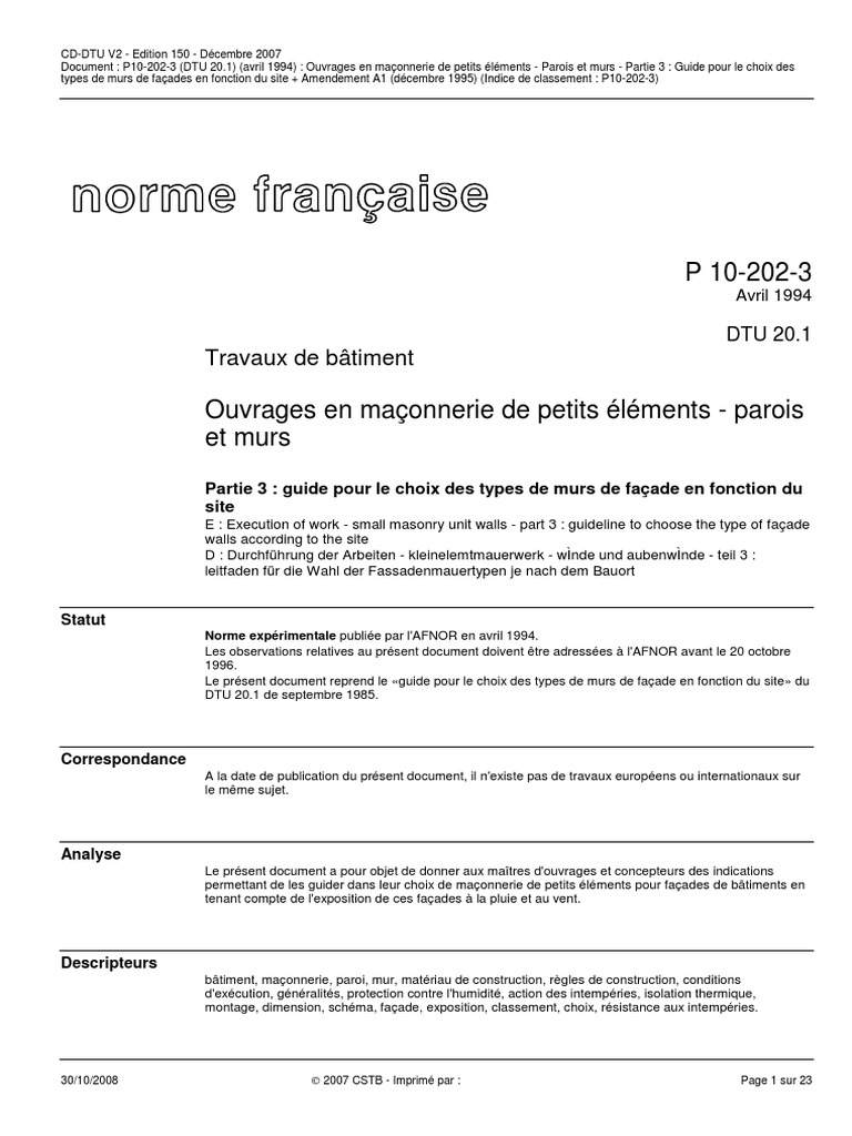 DTU 20.1 Ouvrage en Maconnerie de Petits Elements Parois Et Murs Part 3 ...