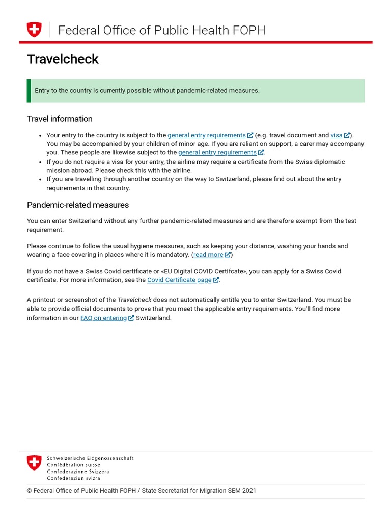 Travelcheck: Federal O Ce of Public Health FOPH | PDF